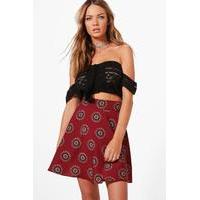 Bohemian Print Woven Skater Skirt - berry