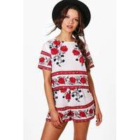 boarder print crop short co ord set red