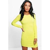 Boat Neck Rib Curved Hem Bodycon Dress - lime