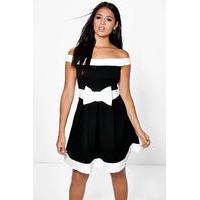 Bow Detail Bardot Skater Dress - black