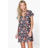 Bohemia Floral Plunge Shift Dress - navy