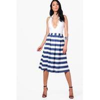 Box Pleat Striped Midi Skirt - navy