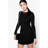 Boat Neck Rib Curved Hem Bodycon Dress - black