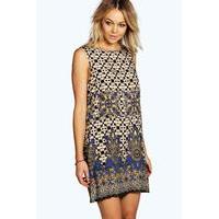 Border Print Sleeveless Shift Dress - blue