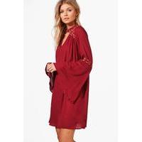 boutique ava embroidered wide sleeve swing dress wine