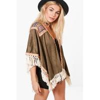 Boutique Embroidered Tassel Suedette Cape - khaki