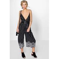 Border Print Culotte Jumpsuit - black