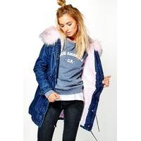 Boutique Denim Faux Fur Parka - blue