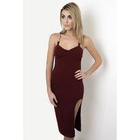 bodycon chain detail midi dress with side split in maroon