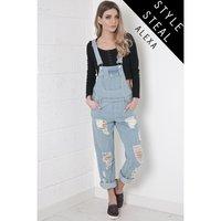 Boyfriend Fit Long Dungarees with Ripped Detail