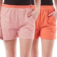 Board Angels Womens Striped/Plain Two Pack Shorts Coral