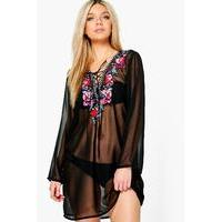 Boutique Embroidered Lace Up Beach Kaftan - black