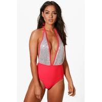 Boutique Sequin Plunge Swimsuit - red