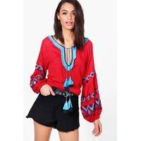 Boutique Embroidered Woven Top - red