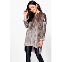 Boutique Pleated Velvet Dip Back Tunic Top - grey