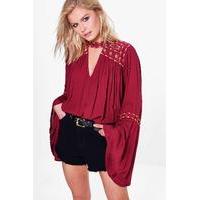 Boutique Embroidered Choker Neck Top - wine