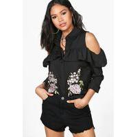 Boutique Embroidered Frill Shirt - black