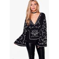Boutique Embroidered Woven Wide Sleeve Top - black