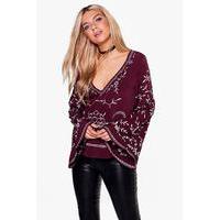 Boutique Embroidered Woven Wide Sleeve Top - wine