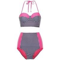 Boutique Ladies Tartan Checked High Waisted Bandeau Bikini Set women\'s Bikinis in pink