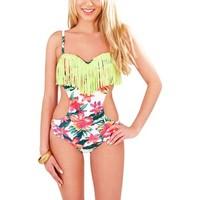 boutique ladies tropical floral cut out side swimsuit with tassels wom ...