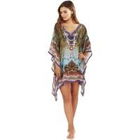 Boutique Ladies Leaf Print Bright Cotton Kaftan women\'s Blouse in green