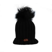 Bowtique London Black Ribbed Turn- up Hat with Black Pom Pom