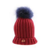Bowtique London Burgundy Ribbed Turn up Hat with Navy Pom Pom
