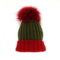 Bowtique London Two - Tone Red and Olive Ribbed Turn up Hat with Pom Pom