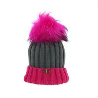 bowtique london two tone rose and dark grey ribbed turn up hat with po ...