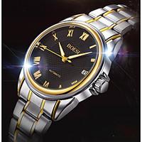 BOSCK Men\'s Automatic Mechanical Hollow Dial Calendar Silver Gold Steel Band Wrist Dress Watch