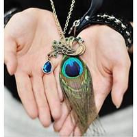 Bohemia Peacock Feathers Diamond Long Pendant Sweater Chain Necklace Adjustable Dangling Gifts for the Party Women Jewelry