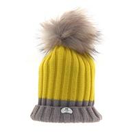 Bowtique London Two - Tone Yellow and Light Grey Ribbed Turn up Hat with Pom Pom