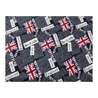 British Print Polycotton Canvas Dress Fabric Navy Blue