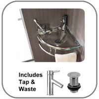 Brescia Wall Mounted Clear Glass 35cm by 35cm Corner Basin with Towel Rail Set