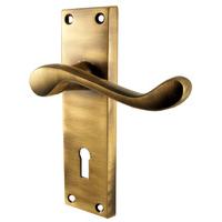 Brass Antiqued Finish Plain Scroll Keyhole Door Handle Set