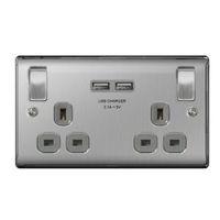British General 13A Steel Effect Switched Double Socket & 2 x USB