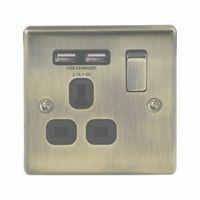 British General 13A Antique Brass Switched Socket & 2 x USB