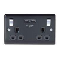 british general 13a black switched socket 2 x usb