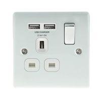 British General 2.1A Ice White Switched Socket & 2 x USB