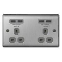 British General 13A Steel Effect Unswitched Double Socket & 4 x USB
