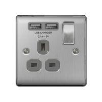 British General 13A Steel Effect Switched Single Socket & 2 x USB