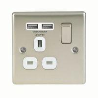 british general 13a pearl nickel effect switched single socket 2 x usb