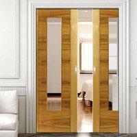 Brisa Mistral Oak Double Pocket Doors - Clear Glass - Prefinished
