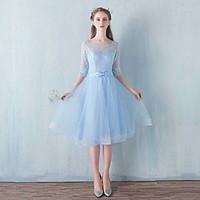 Bridesmaid Dress Knee-length Lace / Tulle- A-line Scoop with Bow(s)