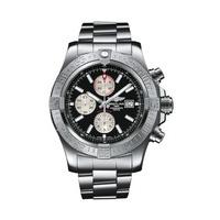 Breitling Super Avenger II men\'s automatic chronograph black dial stainless steel bracelet watch.