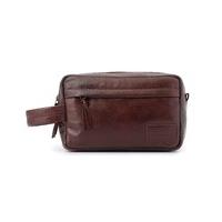 Brown Leather Wash Bag With Side Zipped Pocket - Savile Row