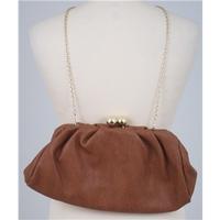 Brown faux leather clutch bag with gold chain strap