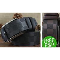 brown mens genuine leather checker patten belt