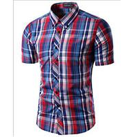 Brand Fashion Men\'s Short Sleeve Plaid shirts Slim Dress shirt, Cotton / Polyester Casual / Work Striped / Plaids